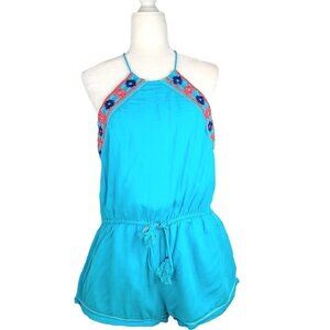 Piper Ocean Blue Embroidered Halter Neck Romper Size L